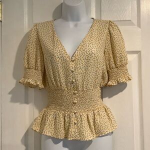 SIENNA SKY Yellow Floral Smocked Button Down Top Small